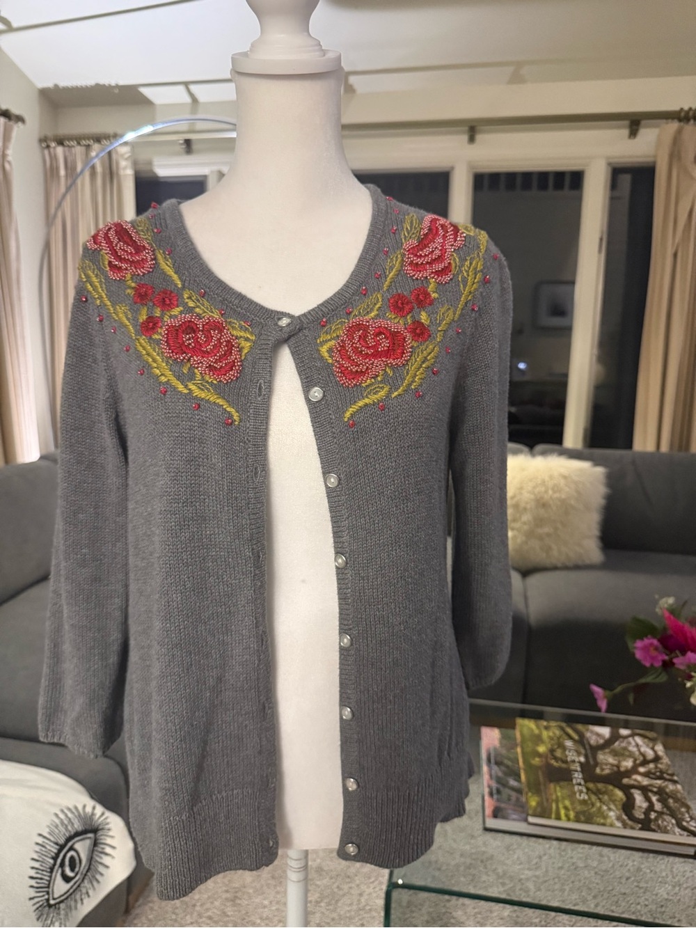 J. Jill Vintage Gray Cardigan with Pink & Red Floral Embroidery Beading